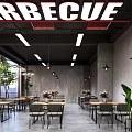 Modern Barbecue Restaurant Interior With Hanging Lights Wooden Tables And Green Plants