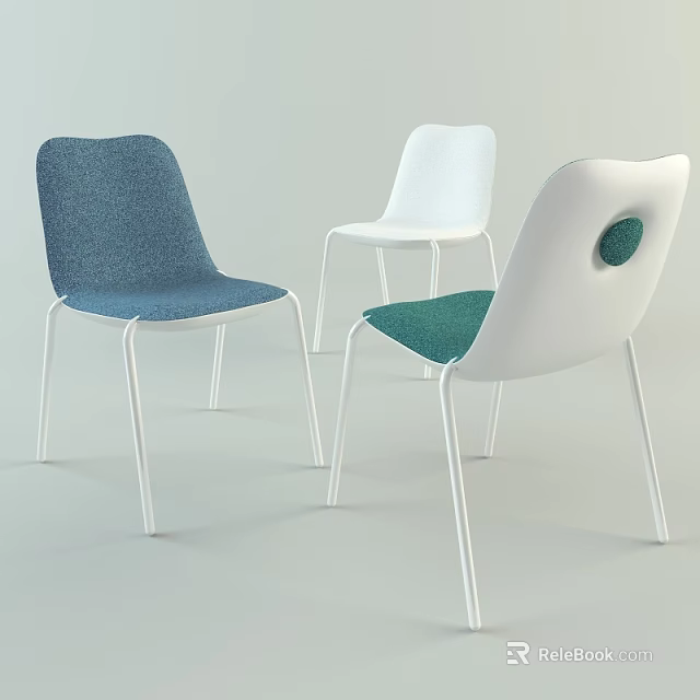 Modern Minimalist Office Chairs Featuring Blue White And Green Cushions With Sleek White Legs 3d model 