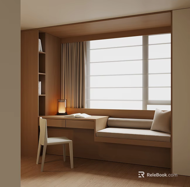 Cozy Wooden Bay Window Cabinet With Desk Chair Bookshelf And Cushioned Seat 3d model 