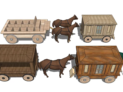 Wooden Horse-Drawn Carriages And Wagons With Horses Classic Wheels And Cabin Designs 3d model