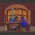 Enchanted Room Interior With Red Walls Arched Bookshelves Stained Glass Window And Magic Elements