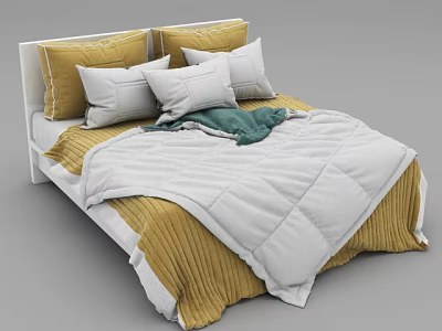 Modern Double Bed With White Headboard Yellow White Pillows Green Blanket And Quilt 3d model