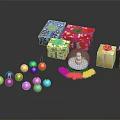 Festive Wooden Table With Colorful Gift Boxes Decorative Balls And Snow Globe