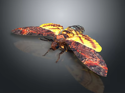 Vibrant Moth With Yellow And Red Patterned Wings On Dark Background 3d model