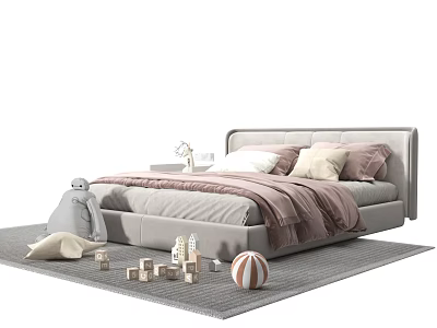 Cozy Gray Double Bed with Plush Toy Blocks Striped Ball and Soft Pillows on Rug 3d model