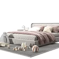 Cozy Gray Double Bed with Plush Toy Blocks Striped Ball and Soft Pillows on Rug