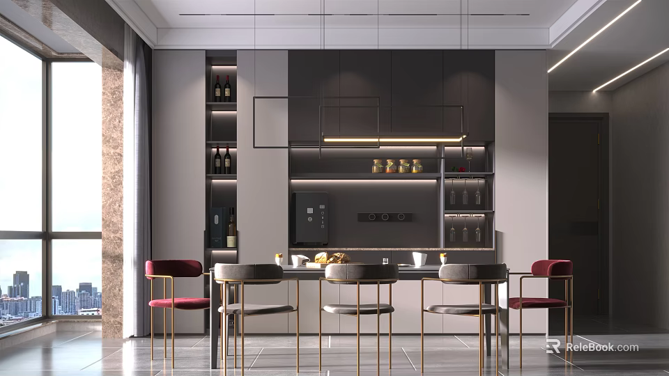 Modern Restaurant Interior With Black Cabinets Island Counter Red Chairs Gold Legs And Wine Rack 3d model 