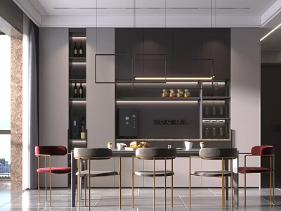 Modern Restaurant Interior With Black Cabinets Island Counter Red Chairs Gold Legs And Wine Rack 3d model