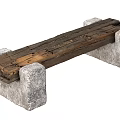 Rustic Wooden Bench With Weathered Wood Planks And Gray Stone Block Supports