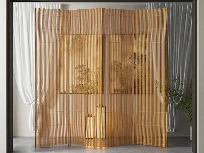 Chinese Style Bamboo Room Divider With Vertical Slats And Landscape Painting Panels 3d model