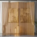 Chinese Style Bamboo Room Divider With Vertical Slats And Landscape Painting Panels