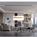 Modern Office Interior Design With Desk Ergonomic Chairs Bookshelf And Floor To Ceiling Windows