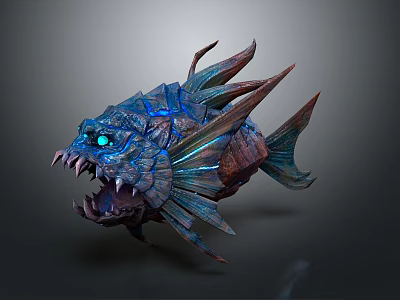 Mythical Armored Fish With Glowing Blue Eyes Sharp Teeth And Spiky Fins 3d model