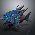 Mythical Armored Fish With Glowing Blue Eyes Sharp Teeth And Spiky Fins