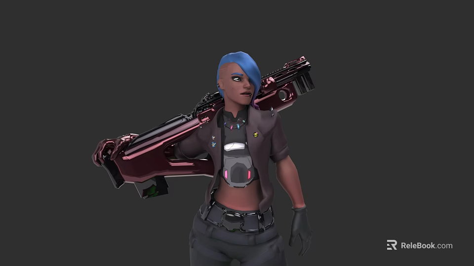 Woman With Blue Hair Carrying Red Gun In Tactical Gear And Dark Clothing 3d model 