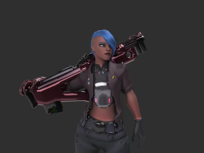 Woman With Blue Hair Carrying Red Gun In Tactical Gear And Dark Clothing 3d model