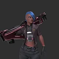 Woman With Blue Hair Carrying Red Gun In Tactical Gear And Dark Clothing