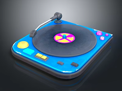 Blue Turntable With Black Platter Pink Yellow Center And Colorful Buttons 3d model