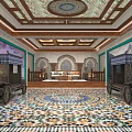 Luxurious Interior With Intricate Ceiling Decor Mural Paintings Colorful Mosaic Floor And Platform Sofa