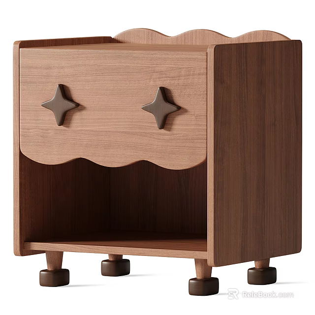 Wooden Bedside Table With Star Shaped Knobs And Wavy Drawer Front 3d model