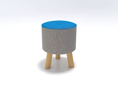 Round Bar Stool With Blue Seat Cushion Gray Body And Wooden Legs 3d model
