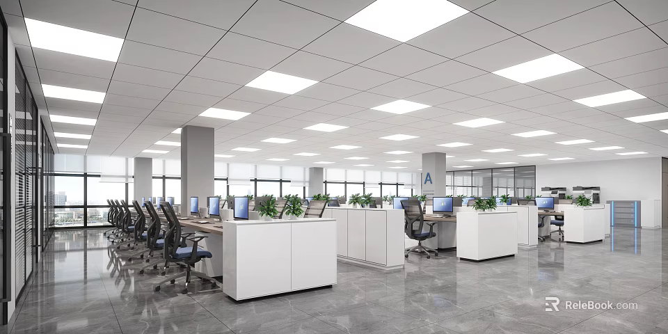 Modern Public Office Space Featuring Open Layout White Desks Computers Ergonomic Chairs And Green Plants 3d model 