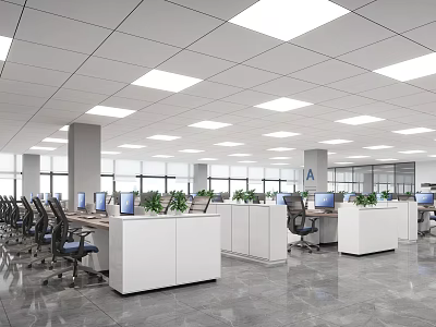 Modern Public Office Space Featuring Open Layout White Desks Computers Ergonomic Chairs And Green Plants 3d model