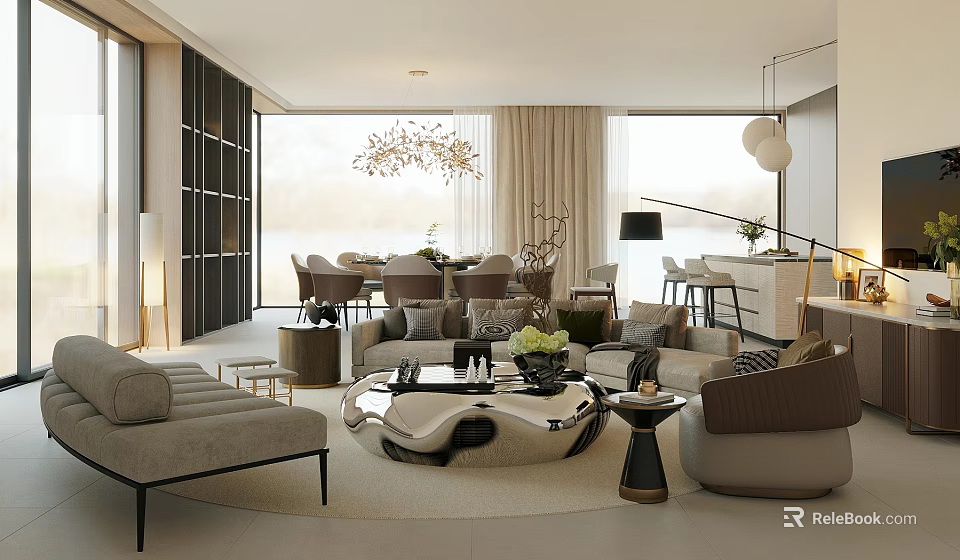 Modern Open Concept Dining and Living Room with Gray Sofa Coffee Table and Chandelier 3d model 