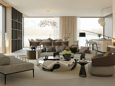 Modern Open Concept Dining and Living Room with Gray Sofa Coffee Table and Chandelier 3d model
