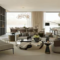 Modern Open Concept Dining and Living Room with Gray Sofa Coffee Table and Chandelier