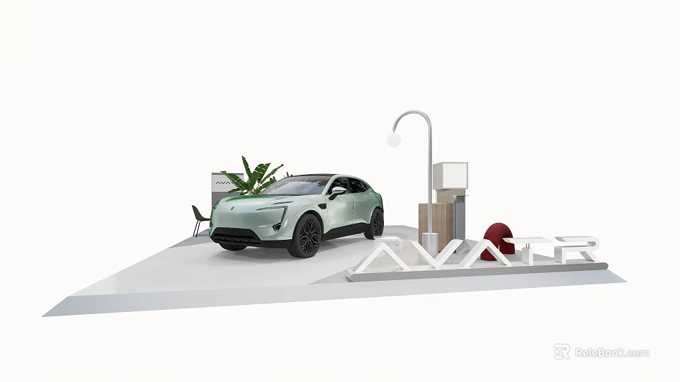 AVATR Electric Car Exhibition Booth On White Platform With Green Plants And Lamp 3d model 