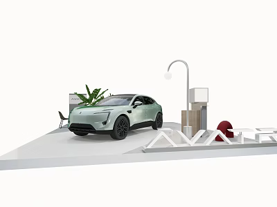 AVATR Electric Car Exhibition Booth On White Platform With Green Plants And Lamp 3d model