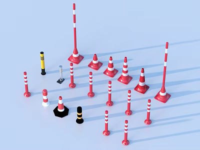 Red And White Traffic Cones With Safety Barriers In Various Sizes For Road Use 3d model
