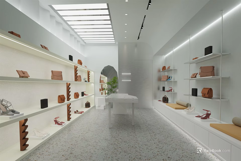 Modern Specialty Store Interior With White Shelves Bags Shoes Central Table And Linear Lighting 3d model 