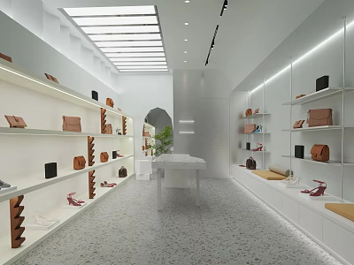 Modern Specialty Store Interior With White Shelves Bags Shoes Central Table And Linear Lighting 3d model