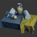 Still Life Composition Featuring Amphora Vase Geometric Shapes Cube Pyramid Sphere Cylinder Grey Yellow Fabrics