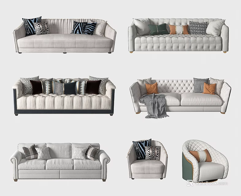 Modern Three Seater Sofa Collection With Stylish Pillows And Neutral Tones 3d model