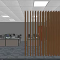 Modern Public Office Space With Wooden Slat Partition Office Desks Computers And Ceiling Lights