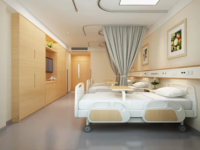 Hospital Outpatient Clinic Clean Room With White Hospital Bed Wooden Cabinets Curtains TV And Paintings 3d model