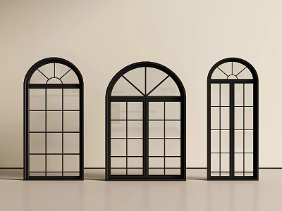 Three Black Arched Windows With Grid Design In Modern Interior Space 3d model