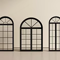 Three Black Arched Windows With Grid Design In Modern Interior Space