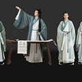 Group of People in Traditional Hanfu Posing Around Table With Calligraphy Scroll