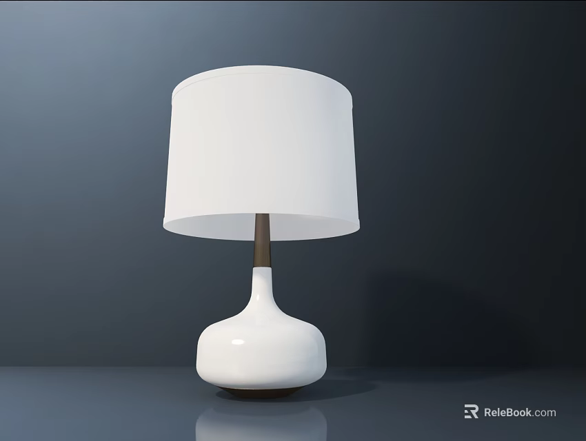 Modern Table Lamp With White Lampshade And Round White Base On Dark Tabletop 3d model