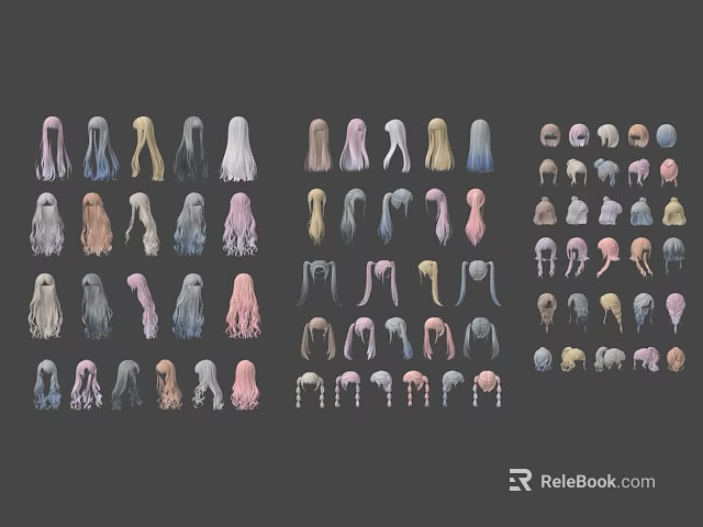 Various Colorful Wigs with Different Styles for Characters and Creatures Cosplay 3d model 