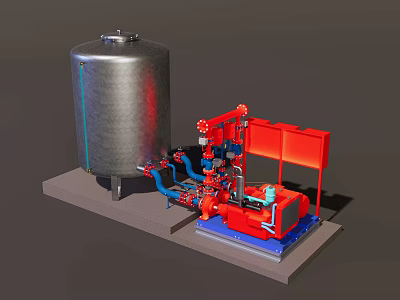 Industrial Equipment Setup With Stainless Steel Tank Red Pump And Piping System 3d model
