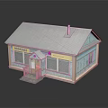 Small Residential House Featuring Gray Roof Chimney Light Blue Walls Double Windows And Red Door