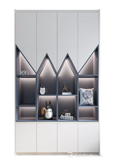 Gray Geometric Design Bookcase With Illuminated Shelves And Decorative Items Inside 3d model