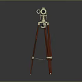 Vintage Brass Telescope Mounted On Red Wooden Tripod With Decorative Ring