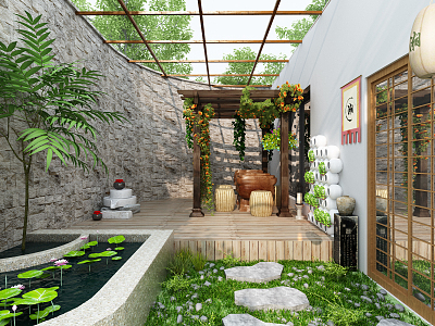 New Chinese style sun room courtyard landscape 3d model