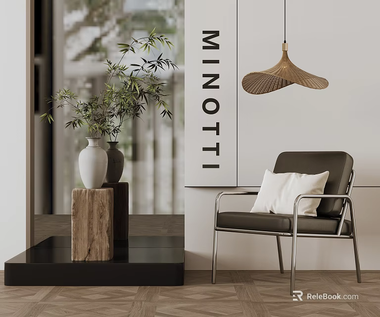 Modern Leisure Chair With White Cushion Metal Frame In Interior With Plant Pendant Light 3d model 